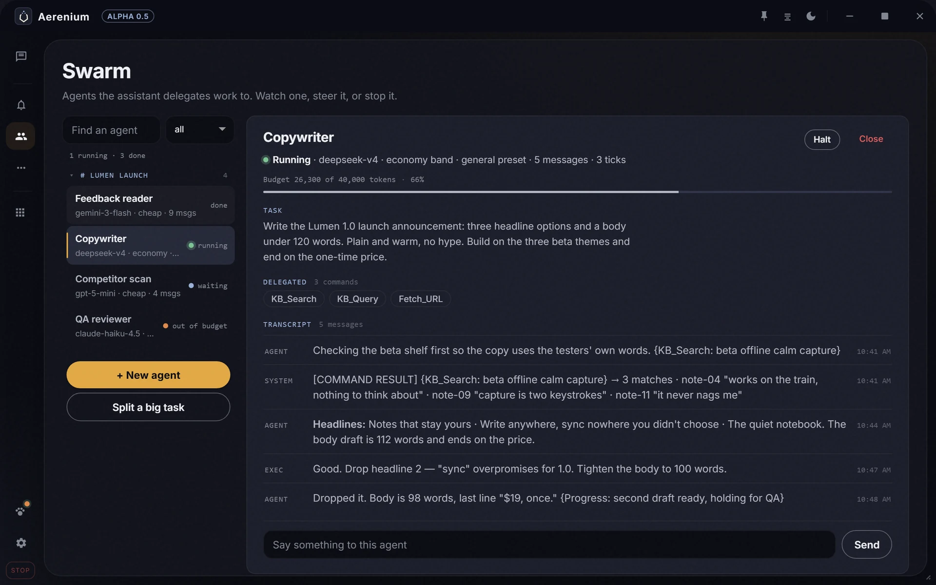 Aerenium Swarm view with a delegated copywriter agent and its transcript