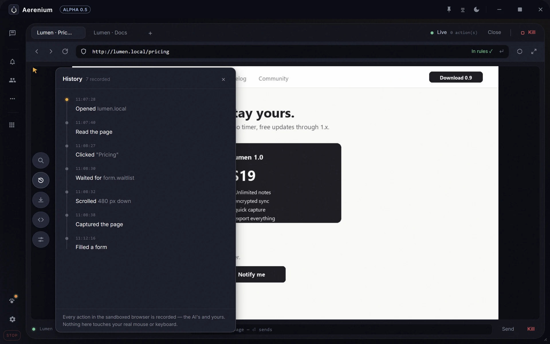 Aerenium sandboxed browser with a history of recorded actions