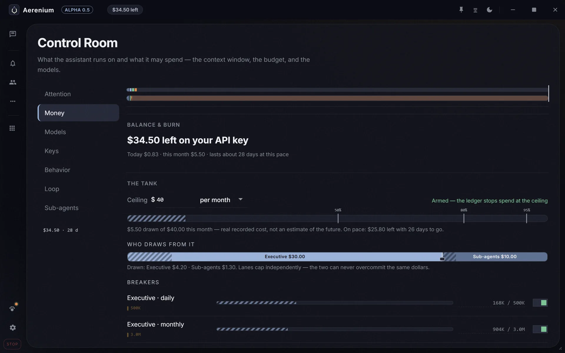 Aerenium Control Room showing balance, a monthly ceiling and spend breakers